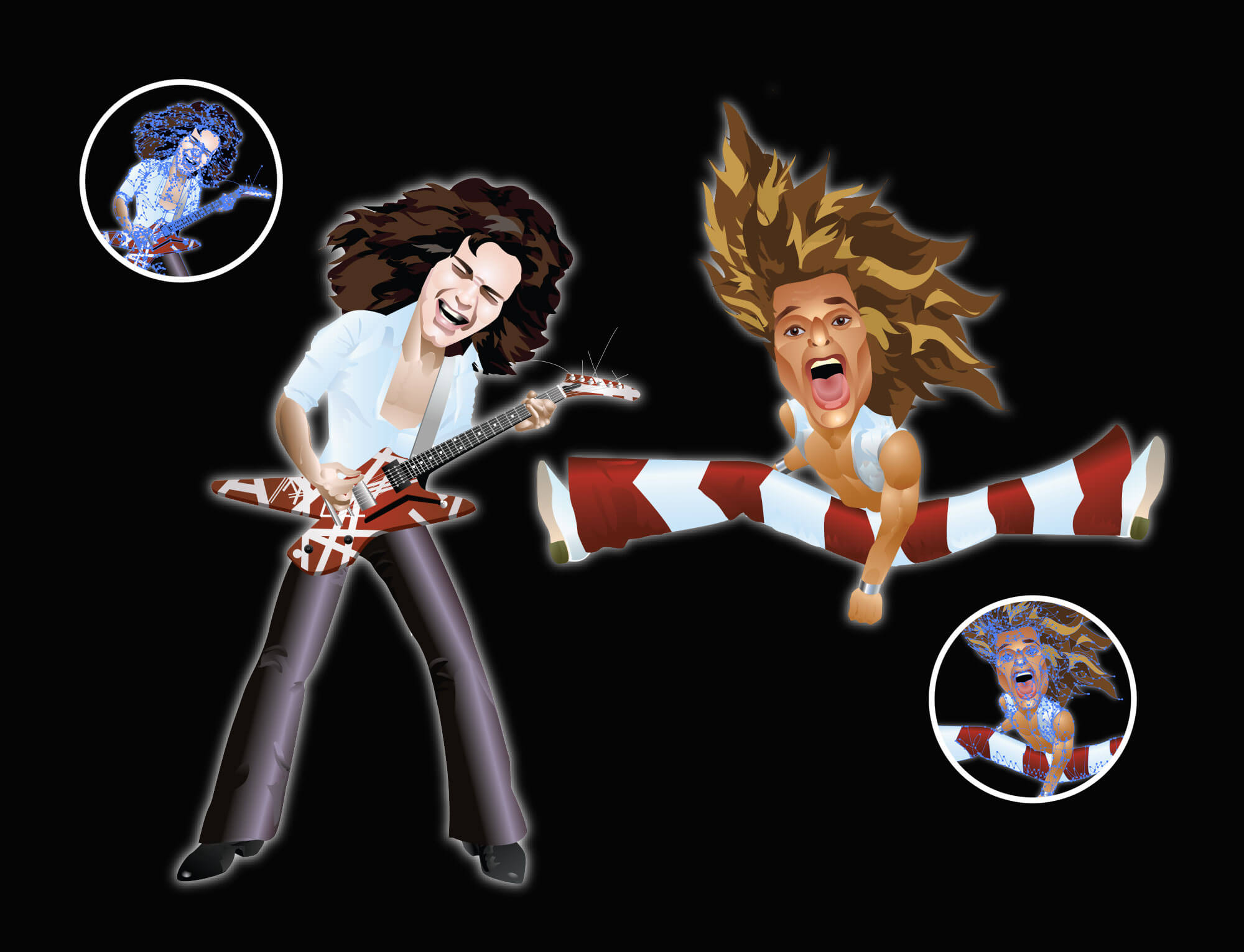 Caricatures of Eddie Van Halen and David Lee Roth